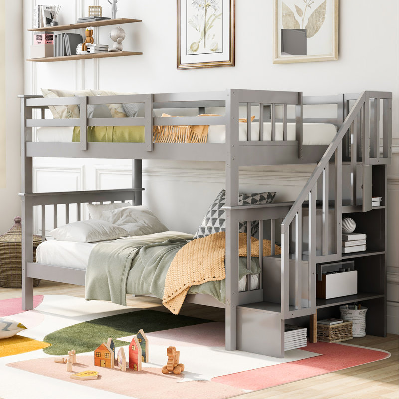 Lit superposé d'escalier avec rangement et garde-corps pour chambre à coucher, dortoir