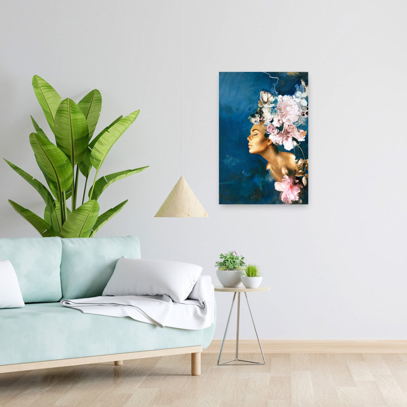 Gold On Blue Couture Contemporary Peony Flower Art, 24" H x 16" W