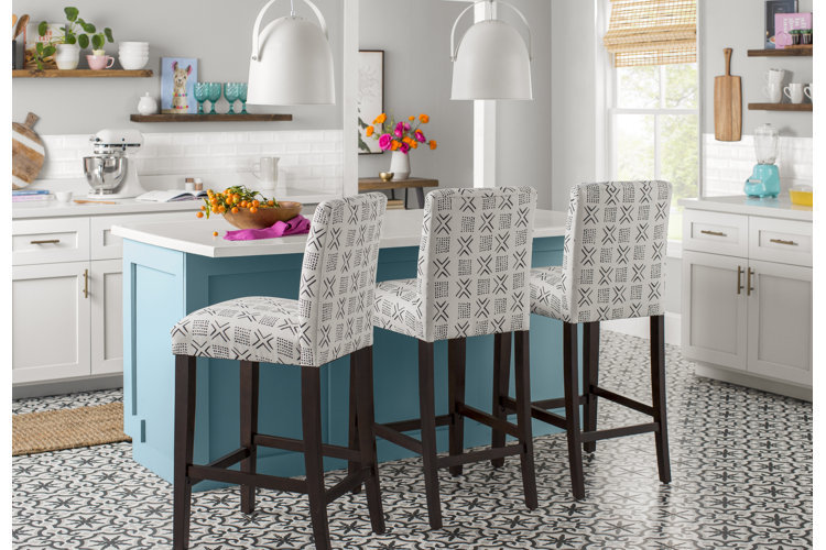kitchen island with a bright blue base 