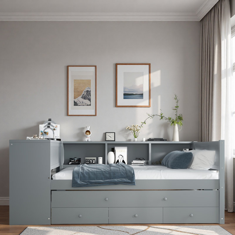 Lit de jour en bois avec couchette, tiroirs de rangement, tablettes latérales et bureau, Lit simple, Gris