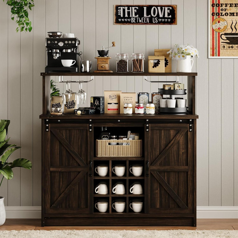 Abrianna 47" Farmhouse Coffee Bar Cabinet with LED Lights, Brown