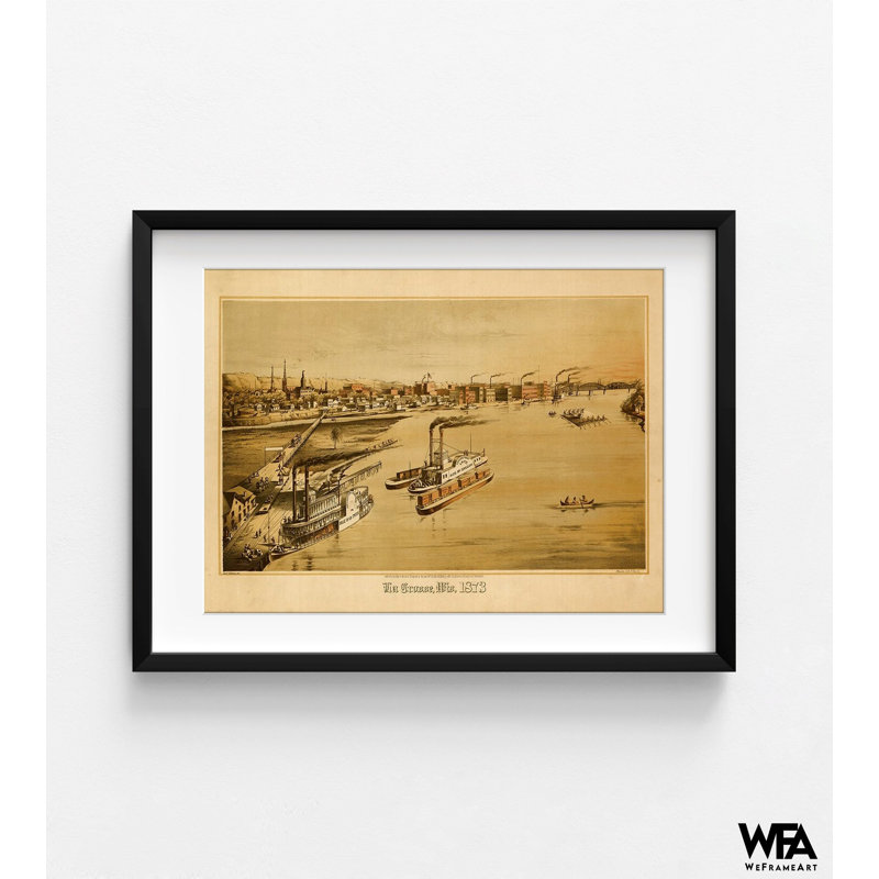 La Crosse-Wisconsin, 1873, impression antique de La Crosse, H 8 po x l 10 po, Cadre noir simple avec passe-partout