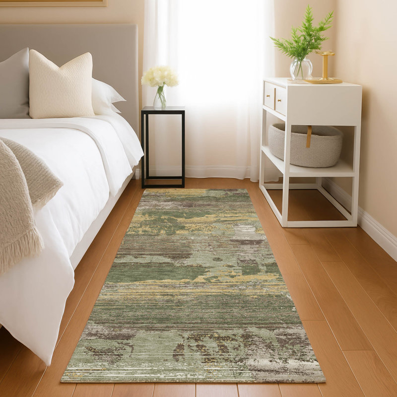 Tapis abstrait lavable à la machine intérieur / extérieur ACN2646, Olive, Tapis de couloir 2 pi 3 po x 7 pi 6 po