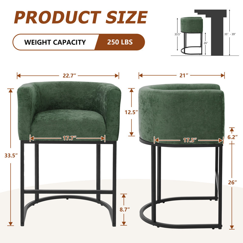 26" Upholstered Counter Height Bar Stool, Green/Black Frame, Black