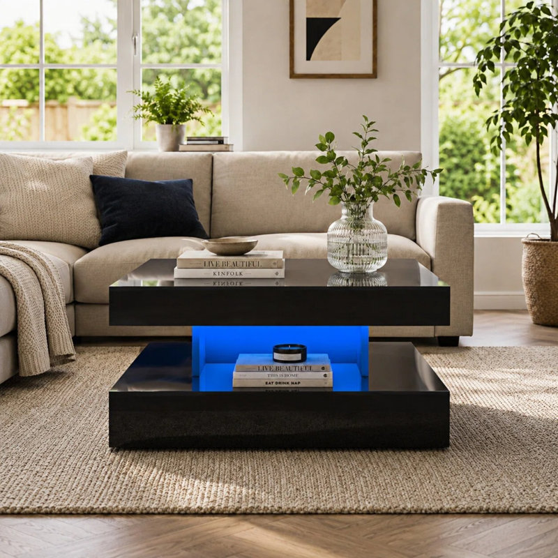 Charvez Square High Gloss LED Coffee Table with Open Storage, High Gloss Black, 40cm H x 78cm W x 78cm D