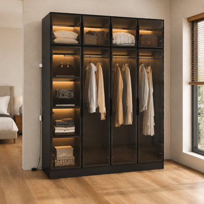 Armoire à 8 portes de 150 cm de large avec tringles et tablettes de rangement