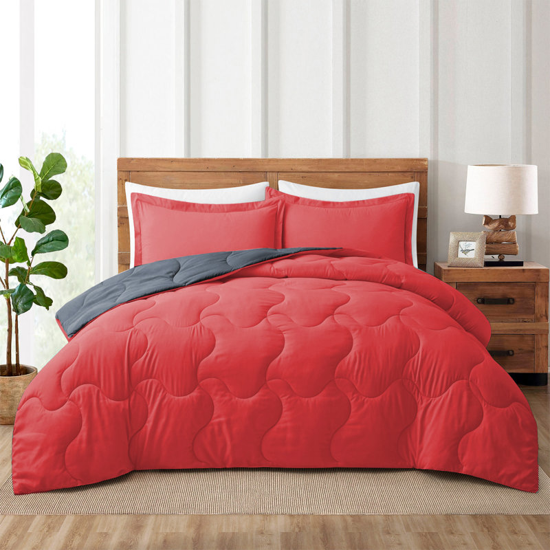 Ensemble d'édredon réversible en microfibre , Édredon double + 2 taies d'oreiller standard, Rouge / noir