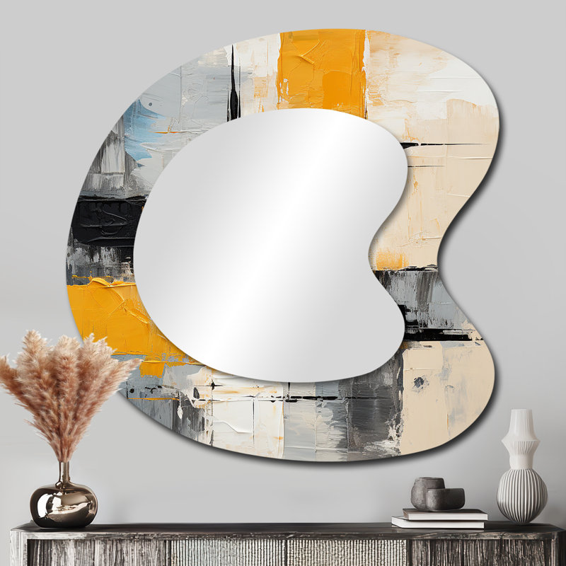 Grey and yellow paint elegance II - Abstract Collages Asymmetrical Decorative Wall Mirror, Modern Irregular Shape Mirror, Printed Metal Art
