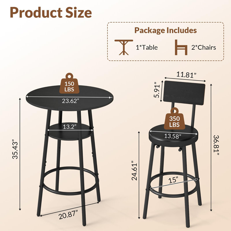Ensemble de 3 tables de bar rondes noires pour 3 avec rangement, Noir, Noir