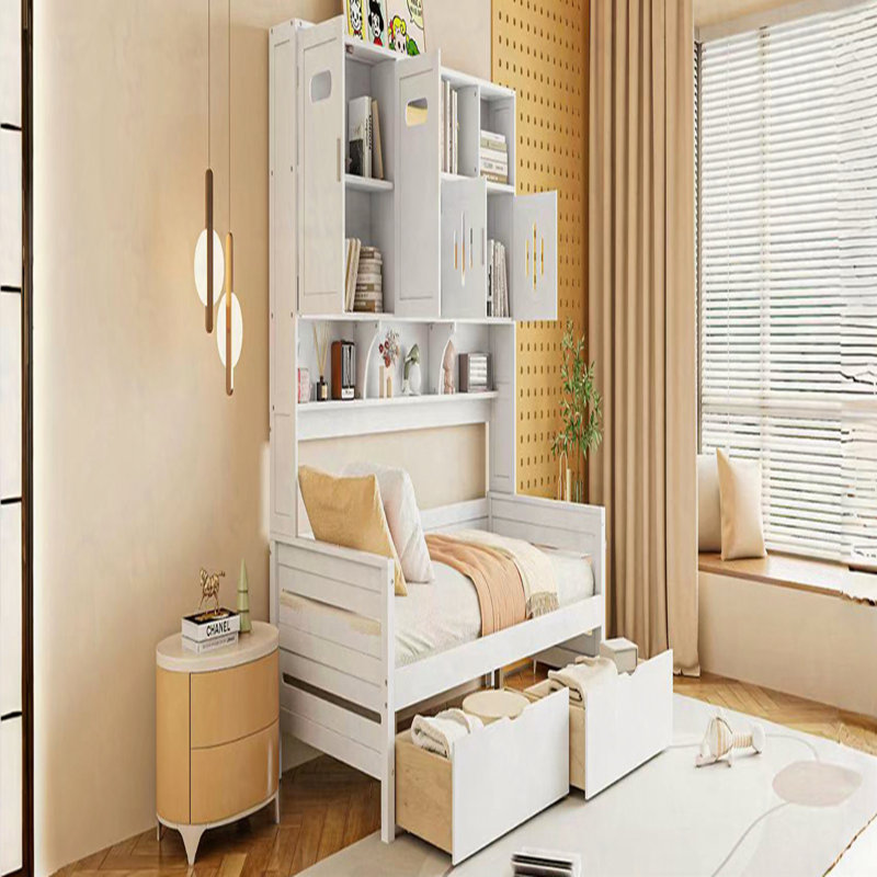 Lit de jour en bois avec 2 tiroirs, armoire et tablette tout-en-un, Simple, Blanc