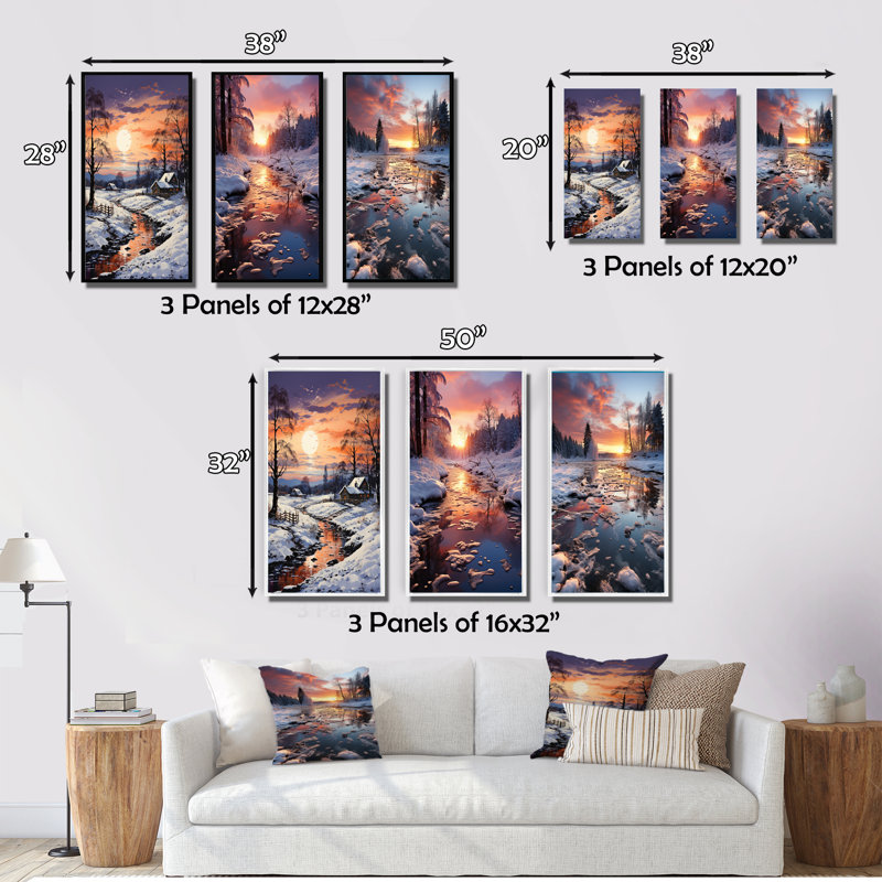 «Winter Sunset Snowfall», 3 pièces sur toile, H 28 po x l 36 po, Toile tendue