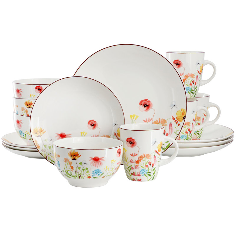Winston Porter Wildflower Meadow 16 Piece Stoneware Dinnerware Set in White and Multi
