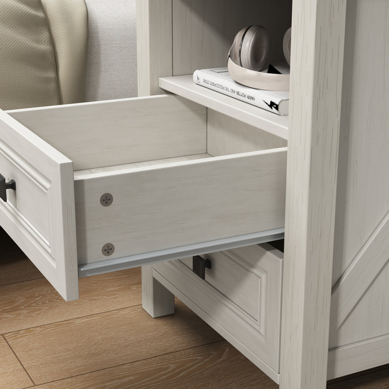 Table de chevet de ferme l 18 po avec station de charge, table de bout avec tablette ouverte et 2 tiroirs, Blanc, Individuel