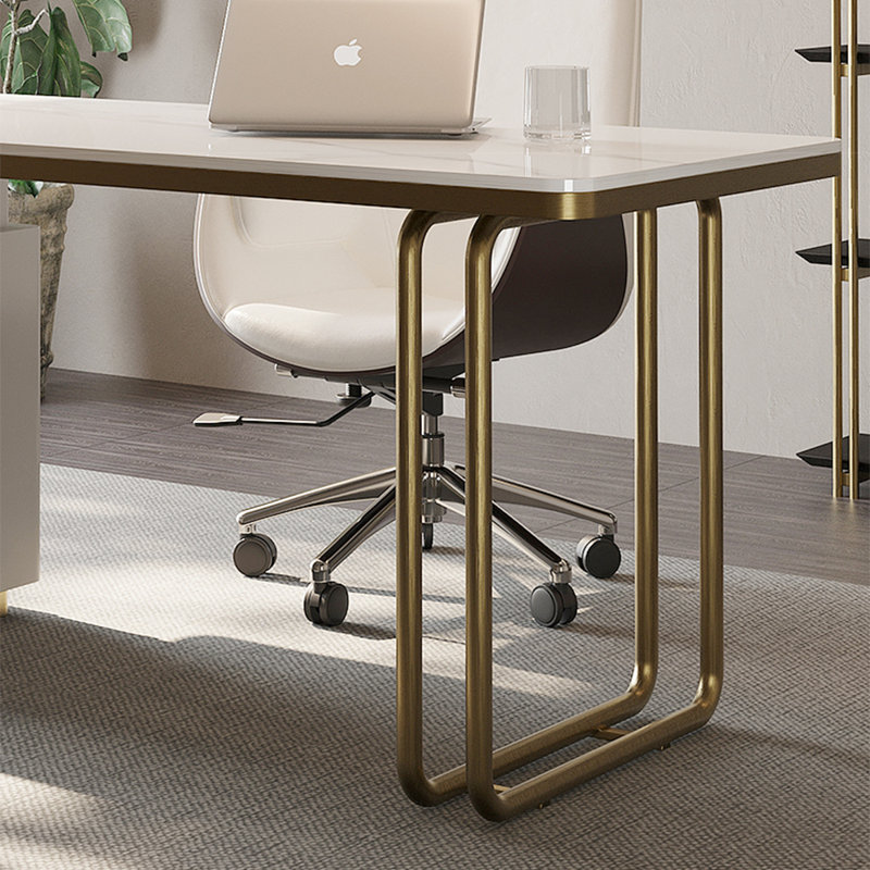 Bureau en pierre frittée avec tiroirs, 28.74" H x 62.99" W x 27.56" D, Doré / Blanc