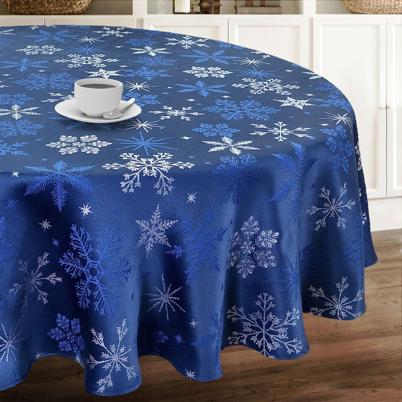 Holiday Silver Gold Snowflakes Metallic Jacquard Woven Tablecloth, 70” Round, Ivory