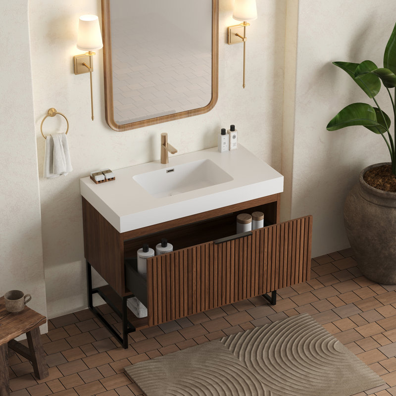 Meuble-lavabo moderne 36 po avec lavabo, armoire de rangement en contreplaqué, noyer foncé
