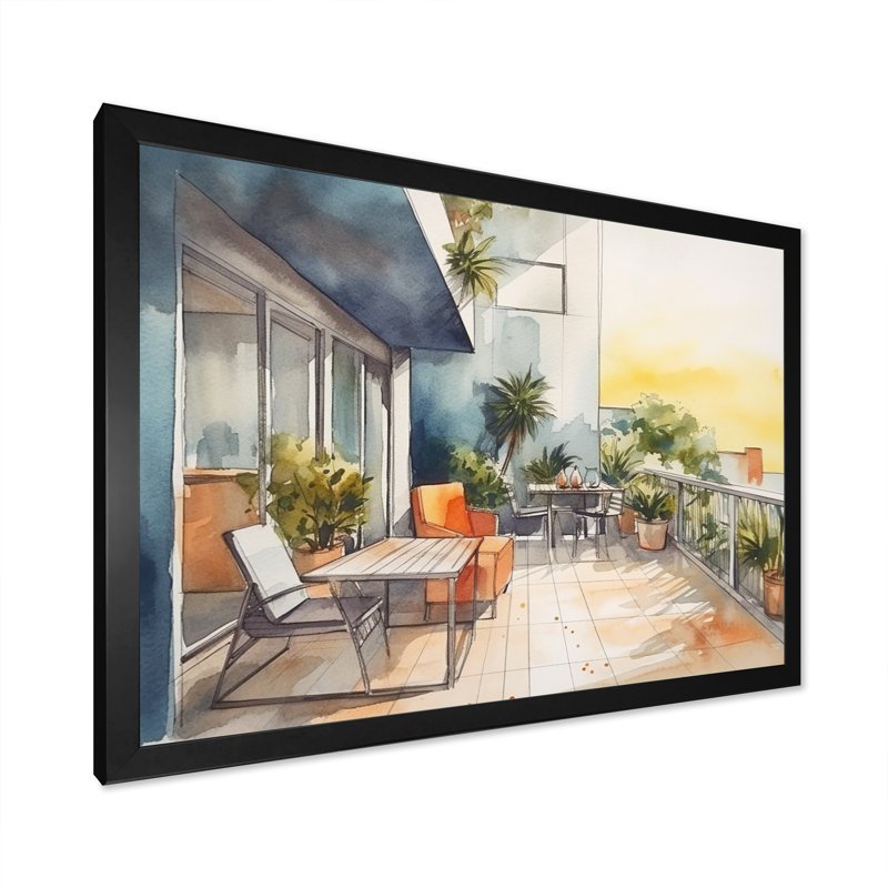 Ruidhe capturant le bonheur d'une terrasse d'été III sur toile, H 30 po x l 40 po x P 1,5 po, Cadre photo noir