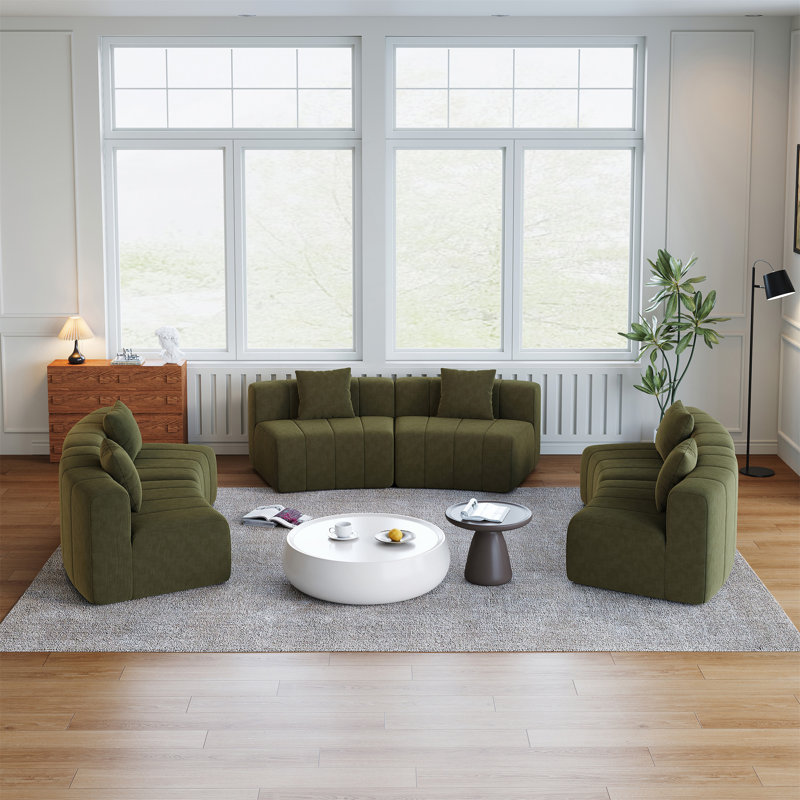 Canapé modulaire courbé en chenille avec coussins, aucun assemblage requis, L 175 po, Chenille verte