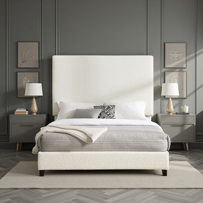 Aryia Boucle Upholstered Platform Bed, Queen, White