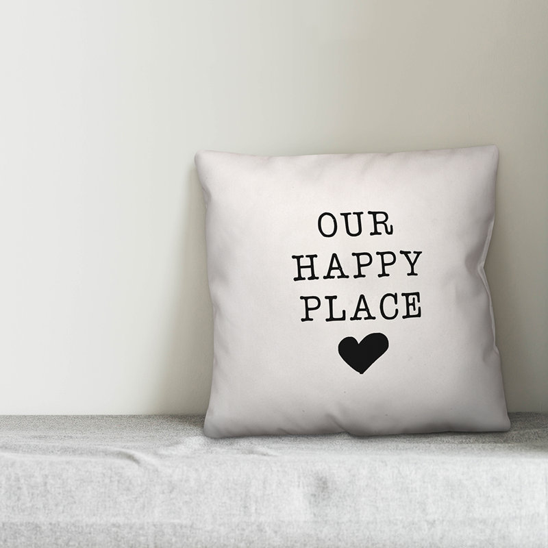  Coussin décoratif intérieur / extérieur Our Happy Place, Blanc cassé / noir, H 16 po x l 16 po