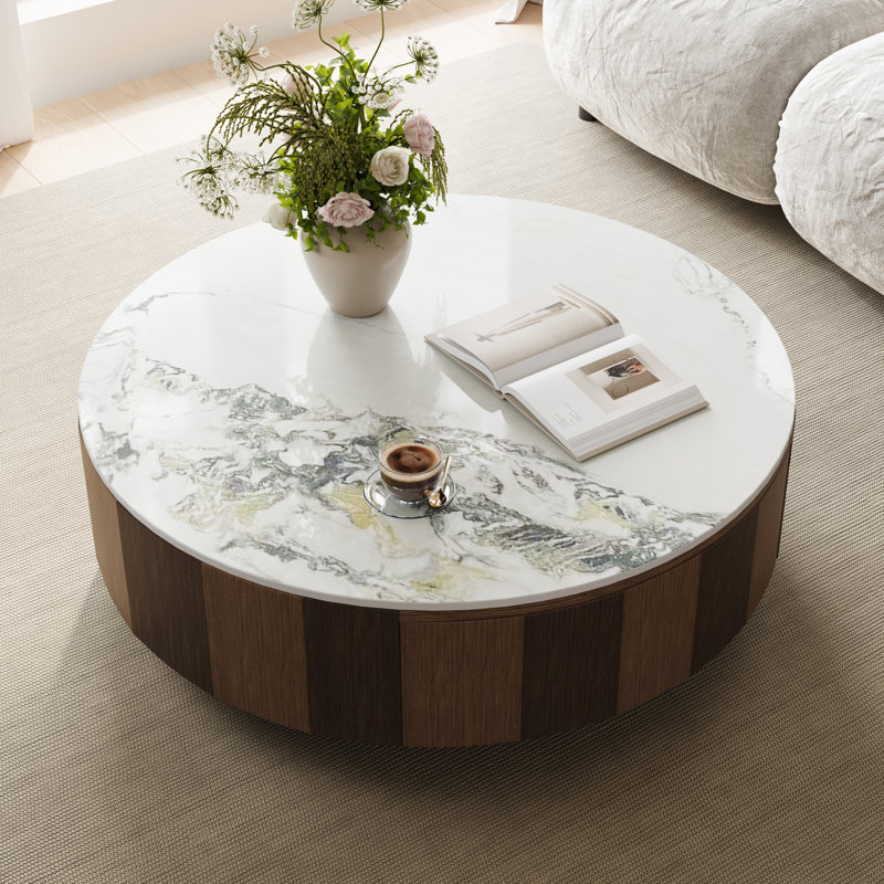 35.5" Modern Round Coffee Table, Glossy White Sintered Stone Table top, Brown Solid Wood Coffee Table for Livingroom