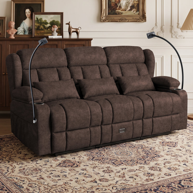 Sofa 3 places inclinable manuel, canapé inclinable avec rangement dissimulé, porte-gobelets et supports pour téléphone, fauteuil de cinéma maison avec tiroir