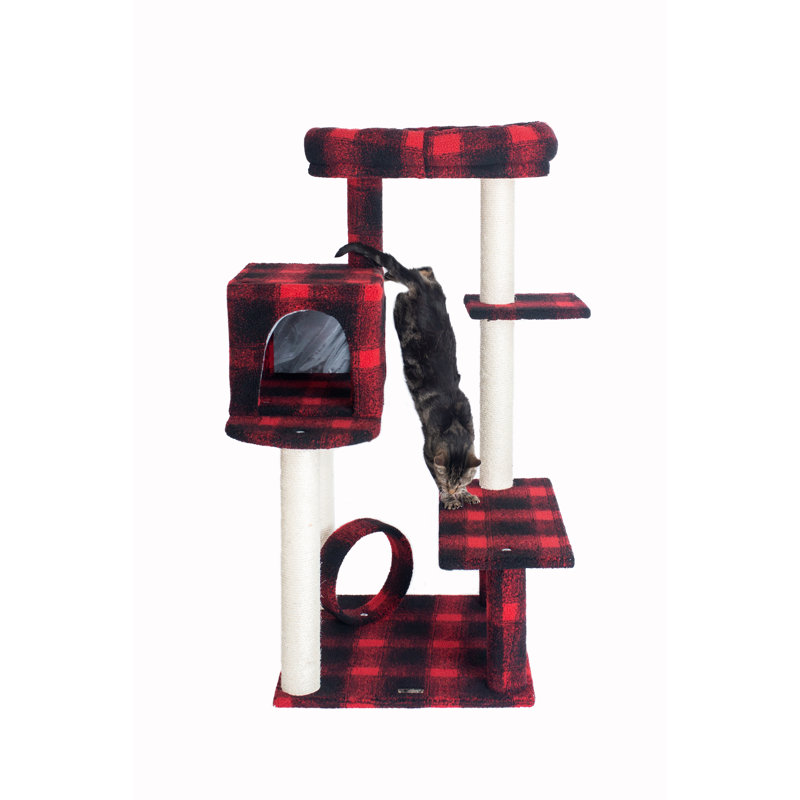 50-Inch Red and Black Plaid Sisal Cat Tree with Lounger