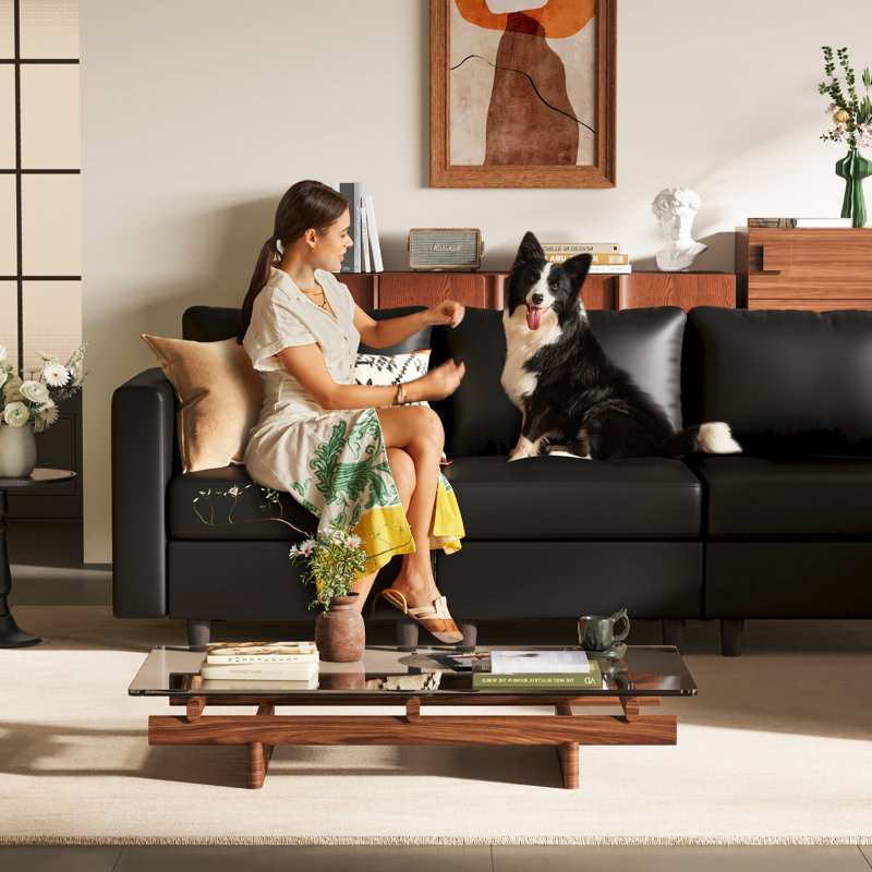 6-Piece 118.5'' Reversible Modern L-Shape Sectional Sofa With Storage Seat- Faux Leather-Black, Black Faux Leather
