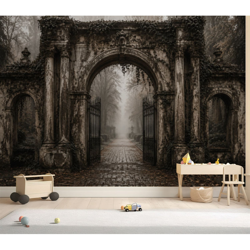 Papier peint auto-adhésif Mystical Overgrown Stone Archway Open Iron Foggy Landscape, 96" L x 69" W
