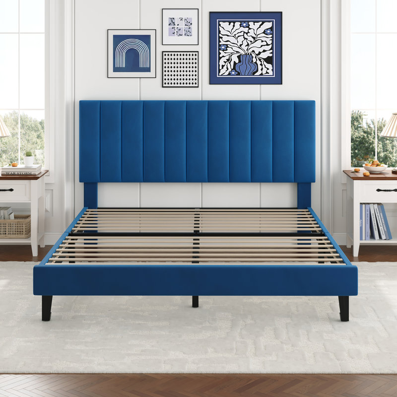 Base de lit grand format avec plateforme tapissier en velours et tête de lit capitonnée à canal vertical réglable, sans sommier tapissier, bleu marine