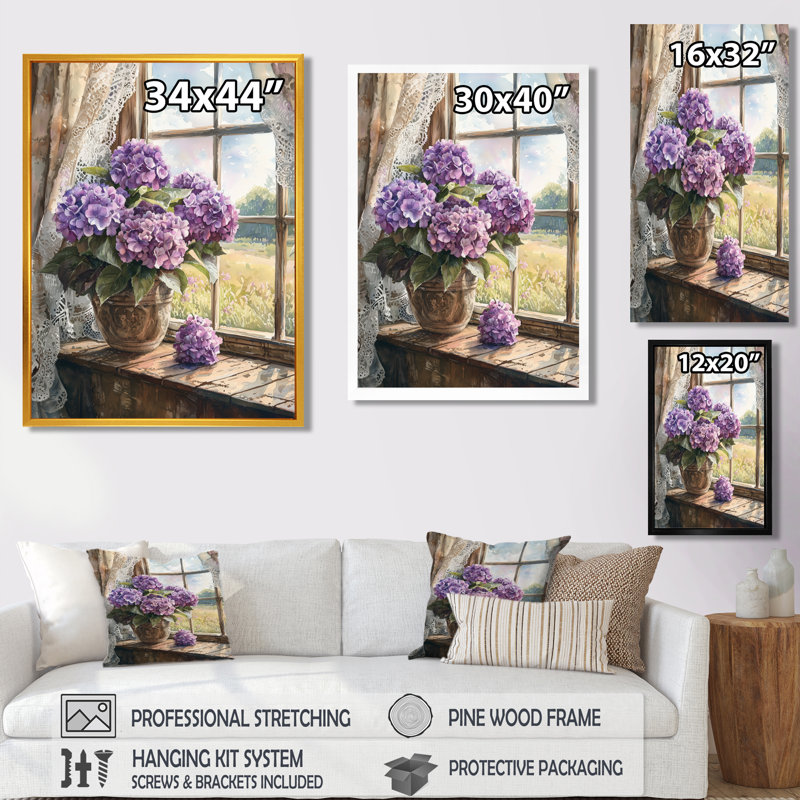 «Hydrangeas By The Farmhouse Window I - Hydrangea», art mural encadré, H 32 po x l 24 po, Reproduction avec cadre flottant