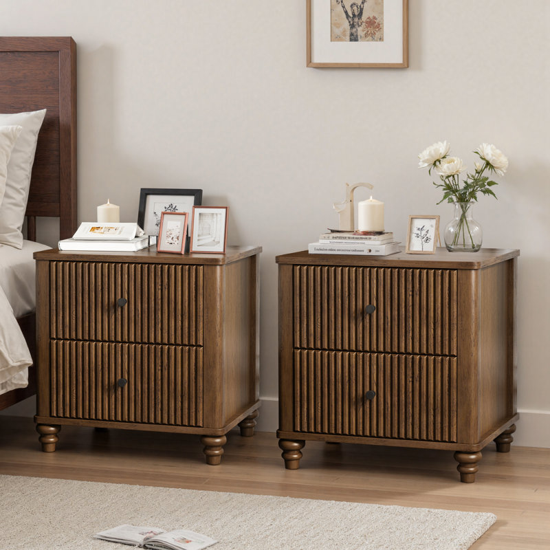 Table de chevet cannelée 2 pièces, table d'appoint de 21,65 po de largeur avec 3 tiroirs, table de chevet moderne en bois avec poignée en métal, table de chevet en bois pour la chambre à coucher, le salon et le placard
