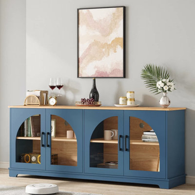 Meuble télé 66,9 po Farmhouse pour téléviseur de 70 po ou moins | Console multimédia bicolore avec portes en verre semi-arquées et tablettes réglables | Meuble audio-vidéo avec gestion des câbles pour le salon