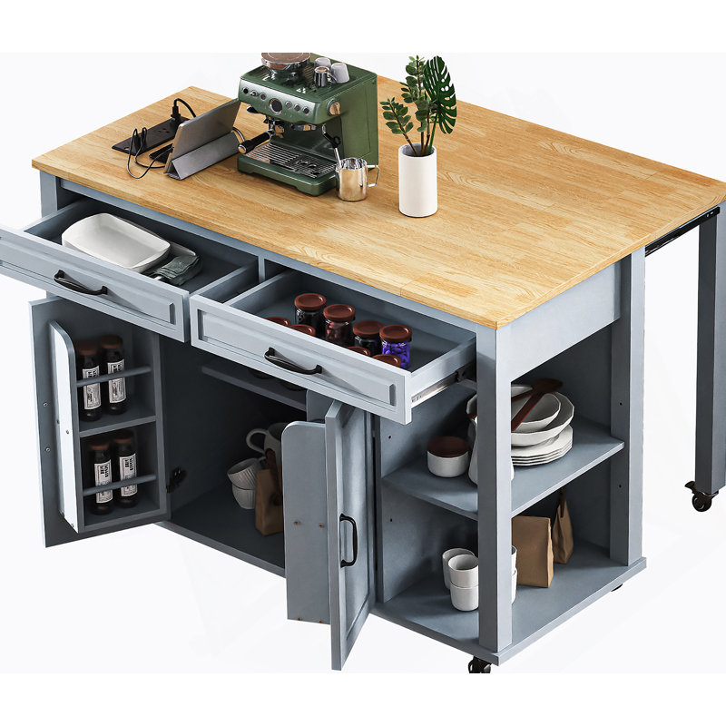 Îlot de cuisine 47 po avec table de salle à manger extensible, table de cuisine en placage de bois d'hévéa avec support de rangement interne, prise de courant, îlot de cuisine avec rangement 2 tiroirs et 2 armoires, blanc
