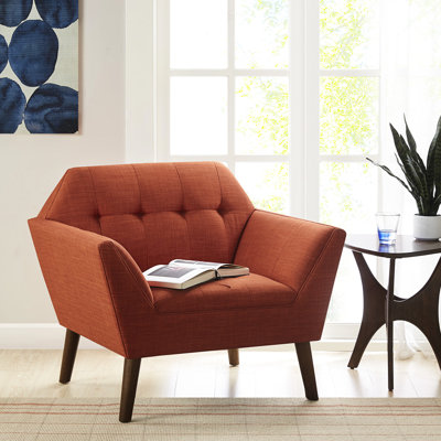 Fauteuil de style Mid-Century moderne, coussin de siège à boutons, pieds en bois massif de couleur pacane, chaise longue l 37 po x P 29,5 po avec accoudoirs, style Mid-Century, revêtement, pieds en pacane,