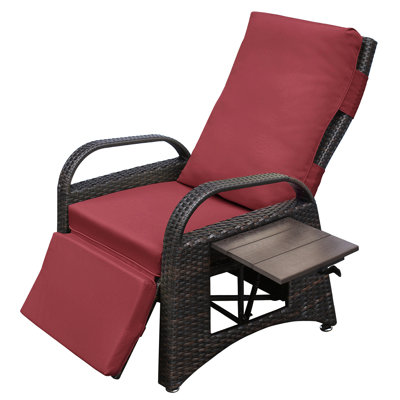 Outdoor Reclining Chair With 2 Buckle Adjustment, Removable Cushion, And Built - In Table For Sunbathing, Brown + Red Adjustable Angle Recliner Hand Woven , Convenient Garden Use,