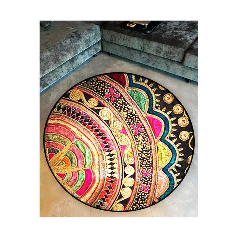 Multicolored Shapes Woven Base Modern Decorative Carpet, Round 4'