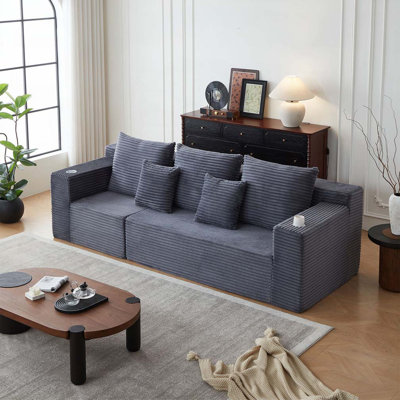 Deep Seat Corduroy Modular Cloud Couch with Cup Holders, No Assembly Required