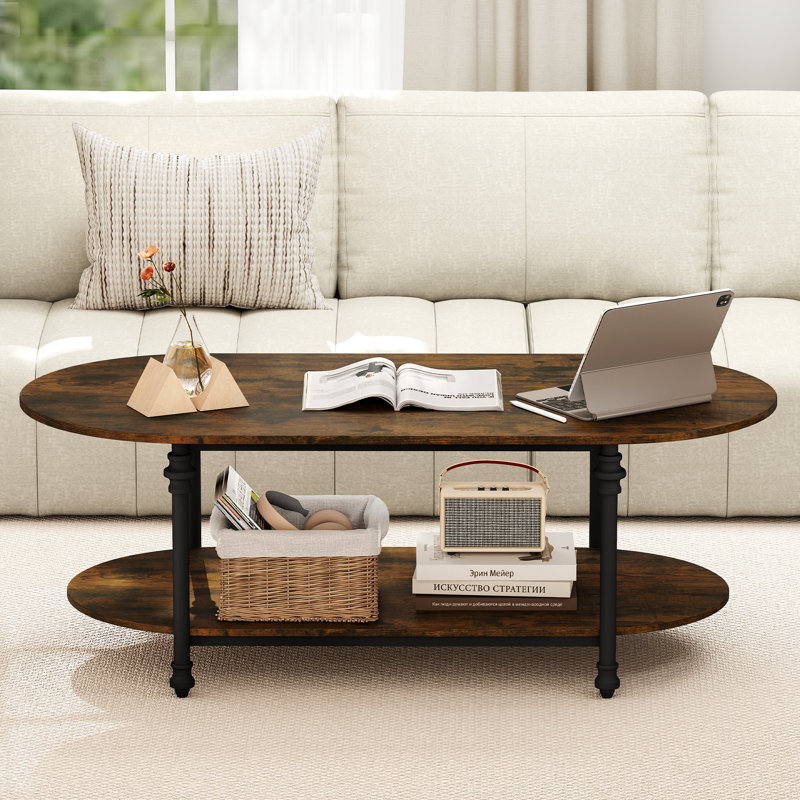 Table basse ovale avec tablettes ouvertes à 2 niveaux en bois rustique brun avec pieds colonne romaine