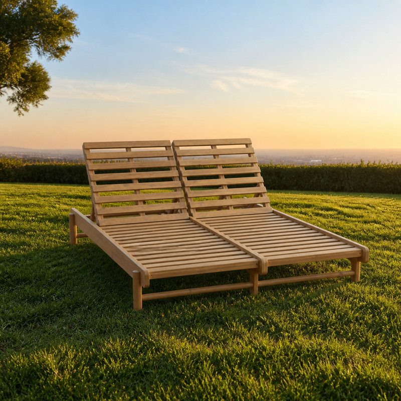 Chaise longue double en bois d'acacia massif avec dossiers réglables pour deux personnes, avec finition et conception à lattes durable