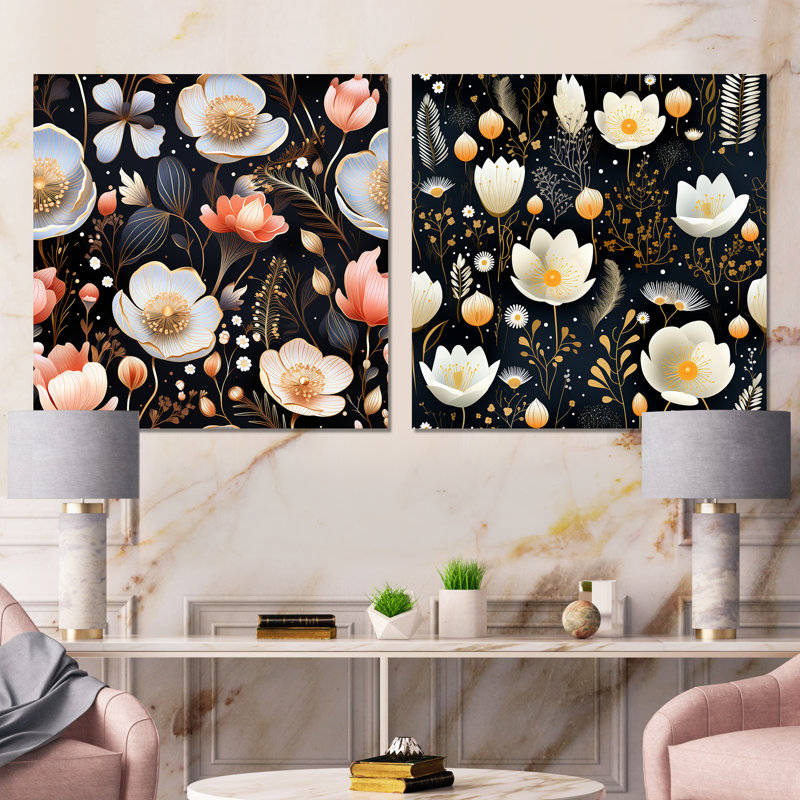 Conyer - Ensemble de salon mural floral 2 pièces, Toile tendue, H 16 po x l 33 po x P 1 po