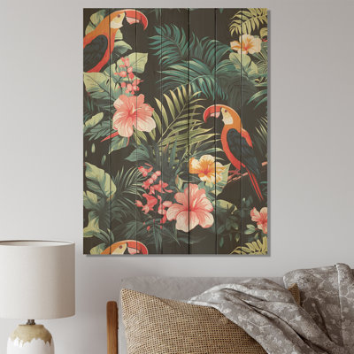 Perroquets oranges et roses et plantes tropicales I - Perroquet sur bois