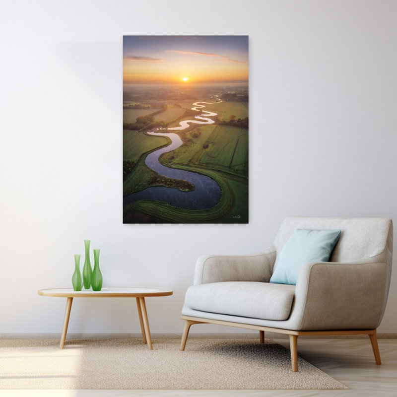 Coucher de soleil sur une rivière sinueuse, art contemporain au coucher du soleil, H 48 po x l 32 po