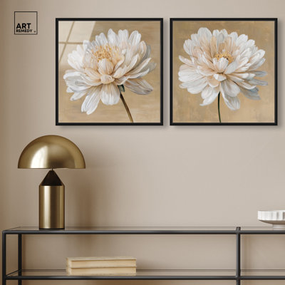 «Golden Flora Duo», ensemble de reproductions d'art encadrées en acrylique sur toile par Art Remedy, cadre noir, 12 x 12