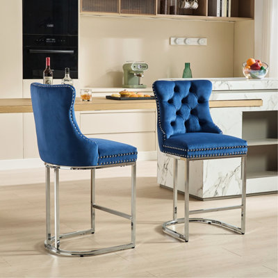 25" Counter Height Bar Stools, 2 Blue Velvet With Button Back & Rivet Trim Upholstery, Metal Base For Kitchen Stools Modern Of 2, Trim, Dining Chairs