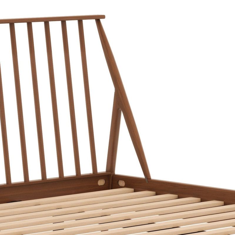 Lit plateforme en bois avec tête de lit haute, avec lattes de bois et support en métal, style Mid-Century moderne, Brun