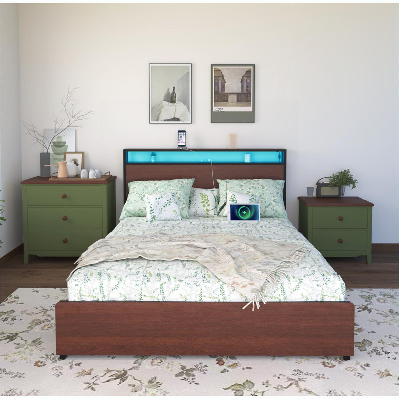 Lit plateforme double pour chambre à coucher, panneau de fibres à densité moyenne de couleur noire et structure en métal avec station de rangement et de charge intégrée