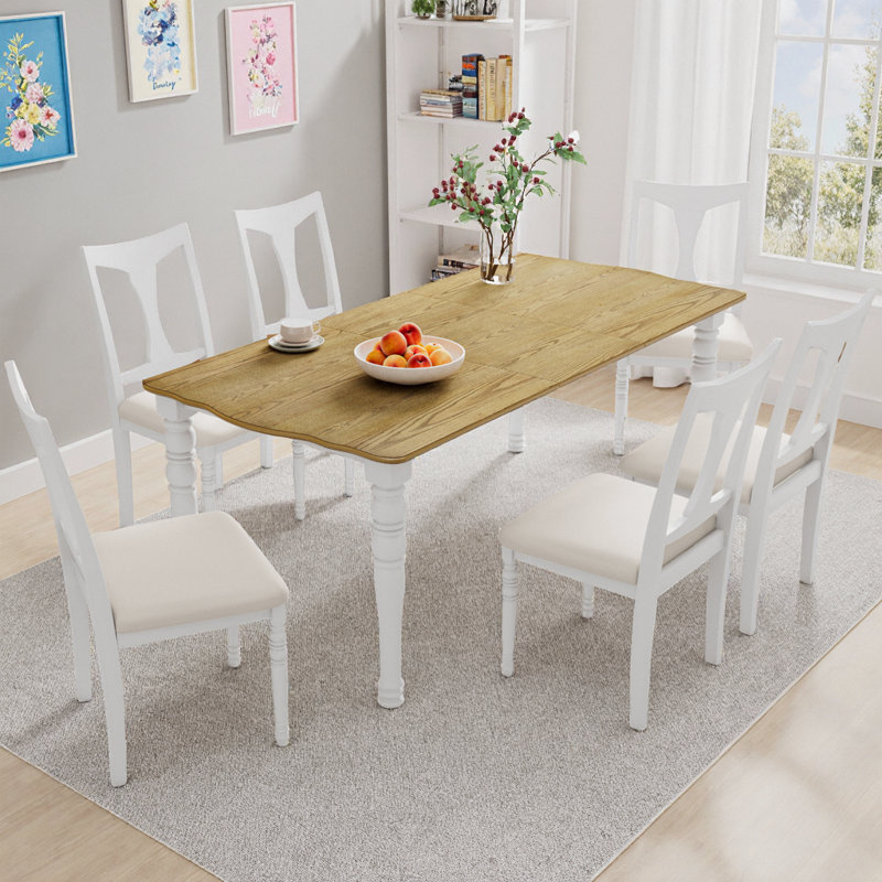 Ensemble de maison de campagne extensible 7 pièces 60 à 78 po - Feuille amovible de 18 po, plateau en placage de chêne, 6 chaises rembourrées beiges, table de 350 lb / sièges de 250 lb