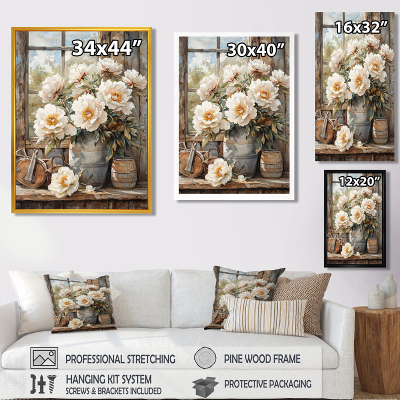 Drashawn - Décoration murale florale, H 32 po x l 16 po, Reproduction encadrée sans passe-partout, Blanc