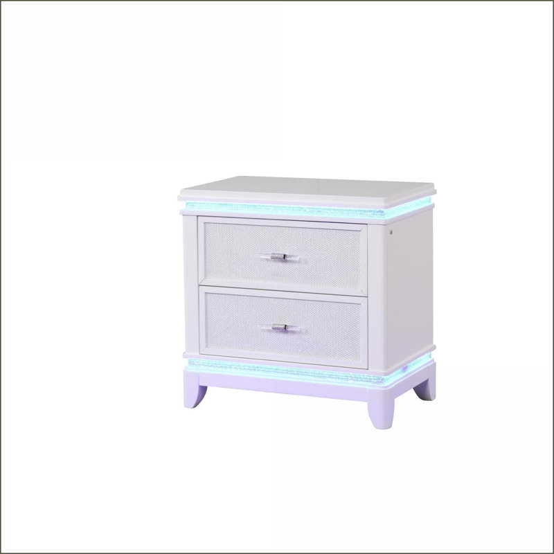 Table de chevet moderne à 2 tiroirs à DEL blanche avec façade en miroir - uni & amp; Bois manufacturé
